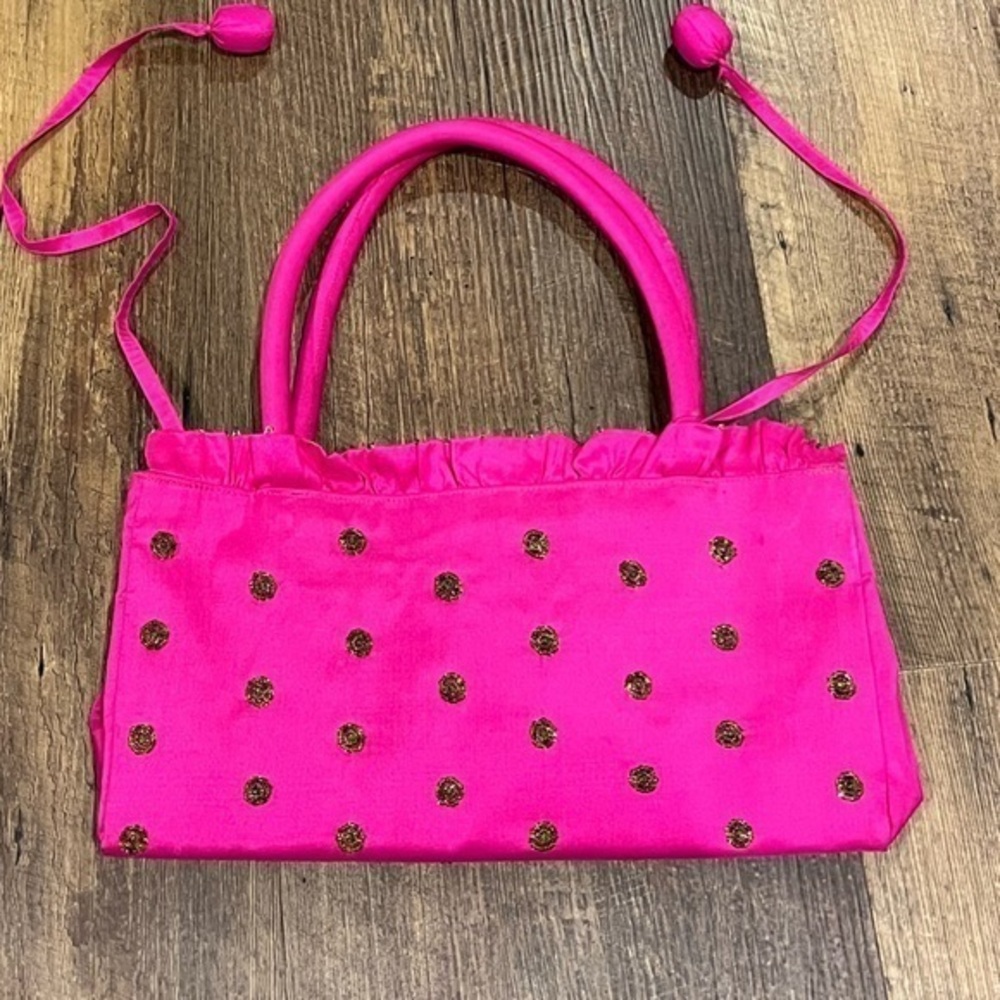 Jazzd satin hand bag womens‎ bright pink with bronze beaded polka dots classy